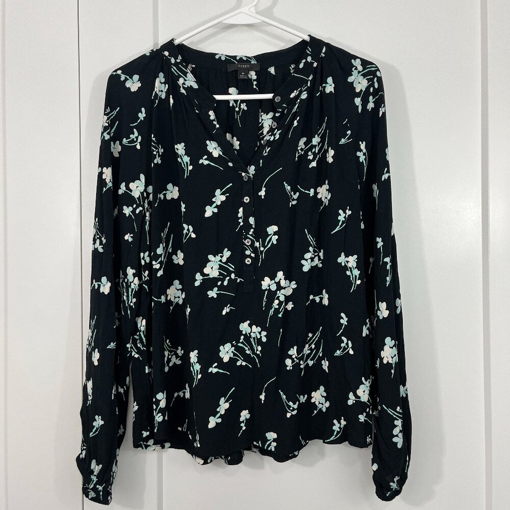 J. Crew Medium Black Floral Long Sleeve Drapey Popover Shirt Blouse - Picture 5 of 12